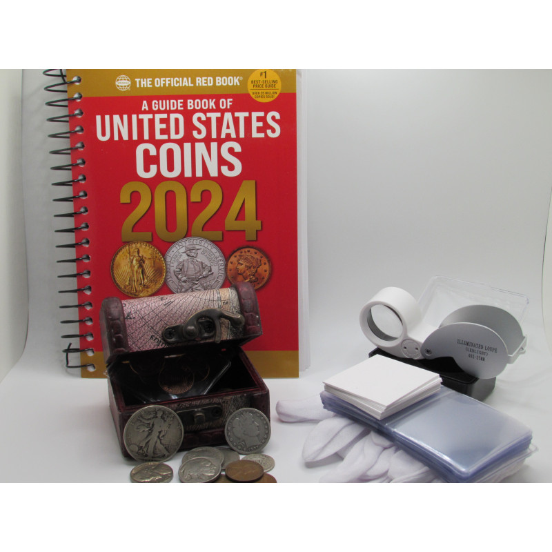 Mega Coin Collecting Kit - 50 coin grab bag with 1 oz silver / values Red Book / magnifying loupe / gloves / flips- holiday gift