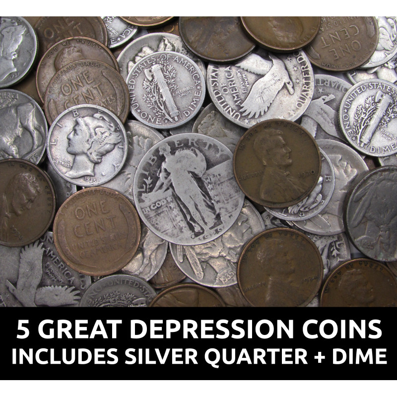 Great Depression Era 5 Coin Set - Old US coins from 1929 and 1930s with silver quarter and dime