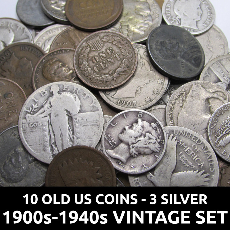 10 Old US Coins Collection - Silver Quarter & dimes, old nickels, obsolete pennies - vintage 1900s to 1940s