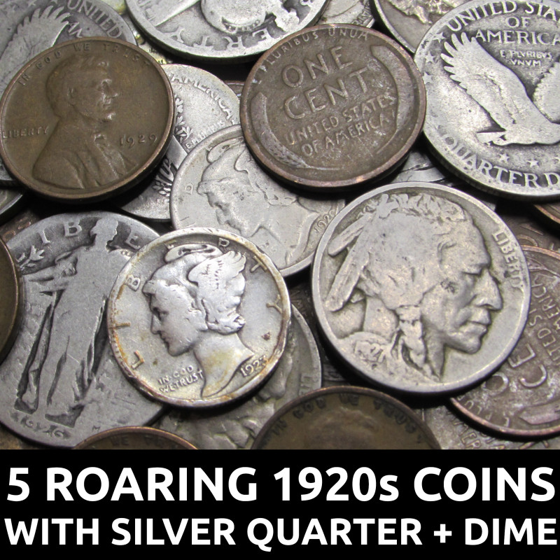 Roaring Twenties 5 Coin Set - Old US coins from the 1920s with silver quarter and dime
