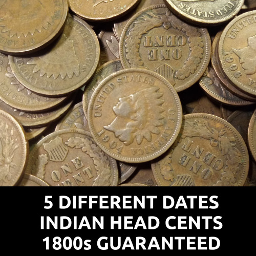 Lot of 5 Indian Head Cents - 5 Different Dates + 1 1800s cent guaranteed