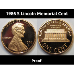 1986 S Lincoln Memorial Cent - brilliant American proof penny
