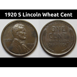 1920 S Lincoln Wheat Cent - higher grade San Francisco mintmark antique wheat penny coin