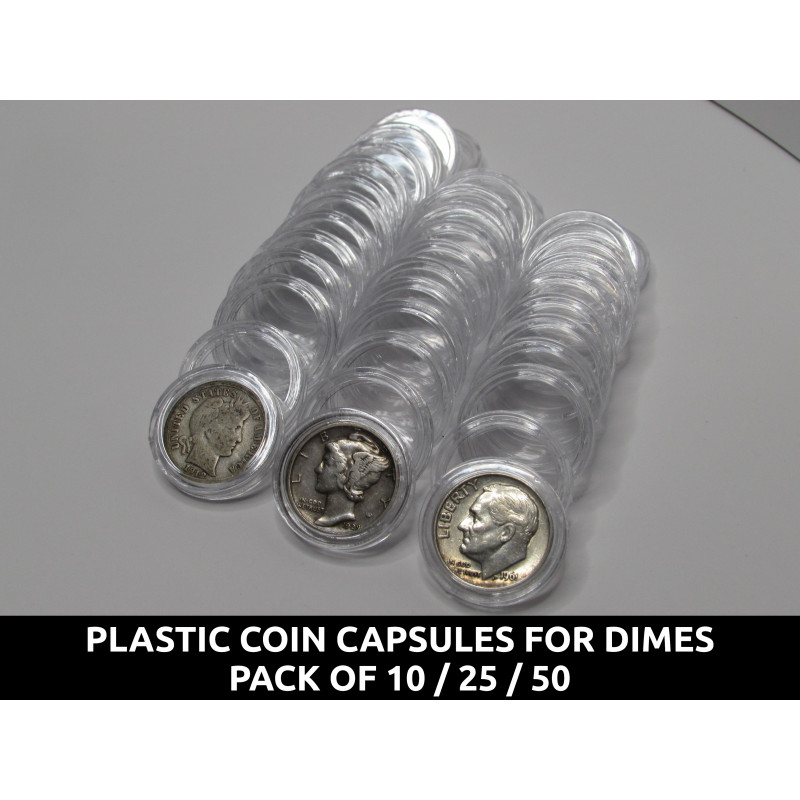 Dime sized Plastic Coin Capsules - 18mm holders for coins - pack of 10 / 25 / 50