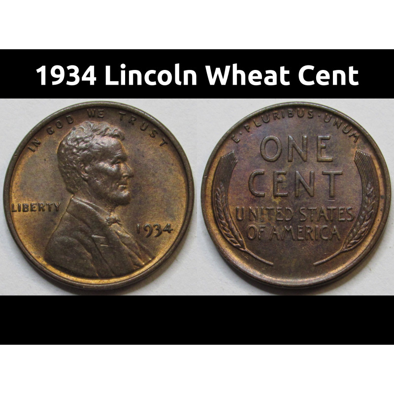 1934 Lincoln Wheat Cent - Great Depression era toned antique wheat penny