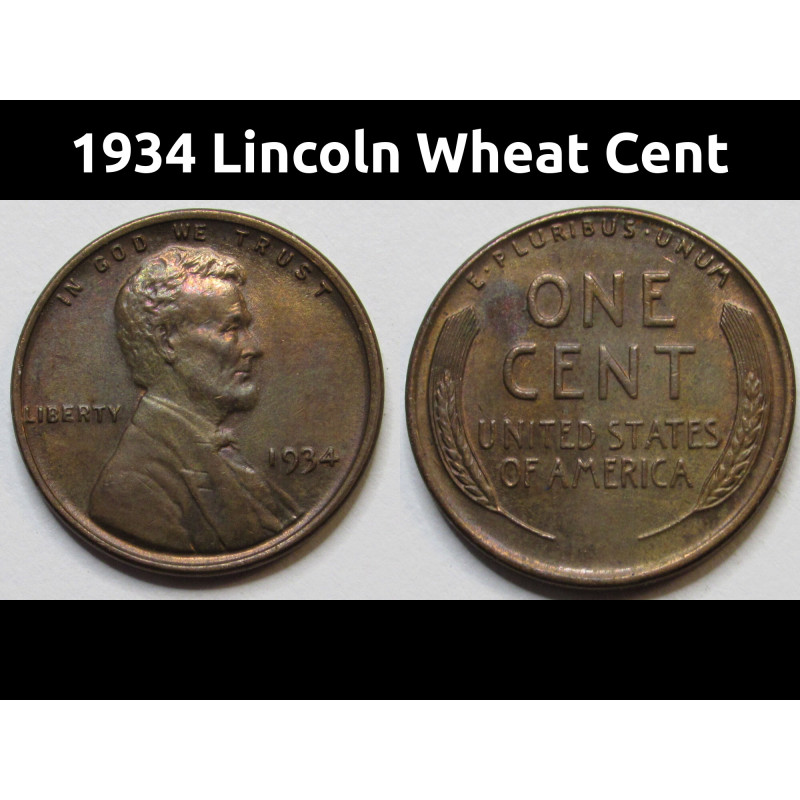 1934 Lincoln Wheat Cent - antique Wayte Raymond toned American wheat penny