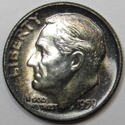 1959 Roosevelt Dime - beautiful toned uncirculated American silver coin