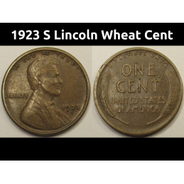 1923 S Lincoln Wheat Cent - higher grade old American penny from San Francisco 
