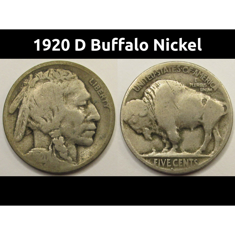 1920 D Buffalo Nickel - old Denver mintmark American Indian coin