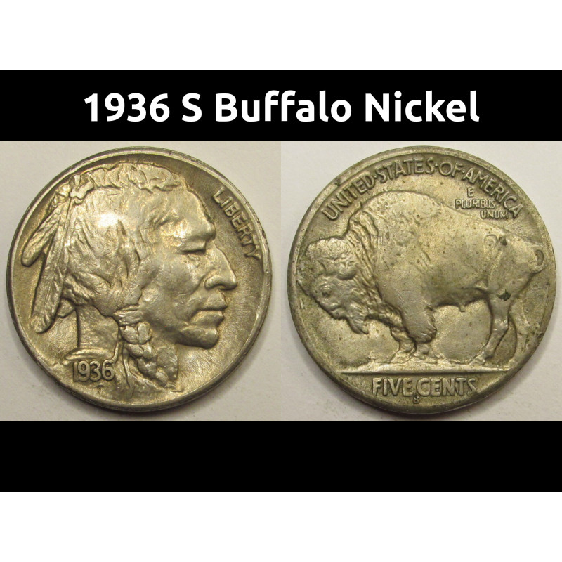 1936 S Buffalo Nickel - antique full horn San Francisco mintmark coin
