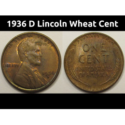 1936 D Lincoln Wheat Cent - toned antique American wheat penny