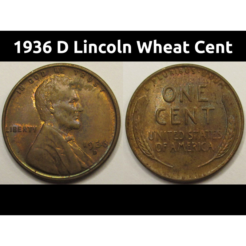 1936 D Lincoln Wheat Cent - toned antique American wheat penny
