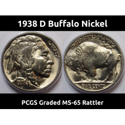 1938 D Buffalo Nickel - PCGS MS 65 graded antique coin in rattler holder