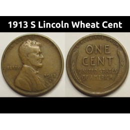 1913 S Lincoln Wheat Cent - antique semi-key date San Francisco mintmark penny