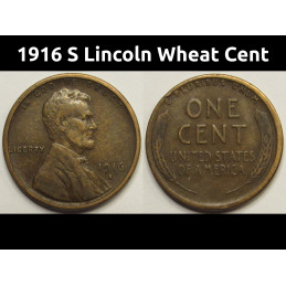 1916 S Lincoln Wheat Cent - higher grade San Francisco mintmark American wheat penny