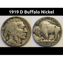 1919 D Buffalo Nickel - better date antique American nickel coin
