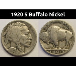 1920 S Buffalo Nickel - antique San Francisco mintmark American five cent coin