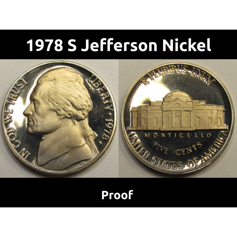 1978 S Jefferson Nickel - vintage San Francisco mintmark proof coin