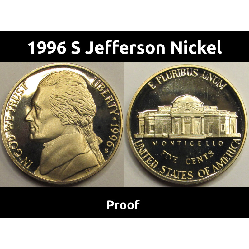 1996 S Jefferson Nickel - vintage San Francisco mintmark proof coin