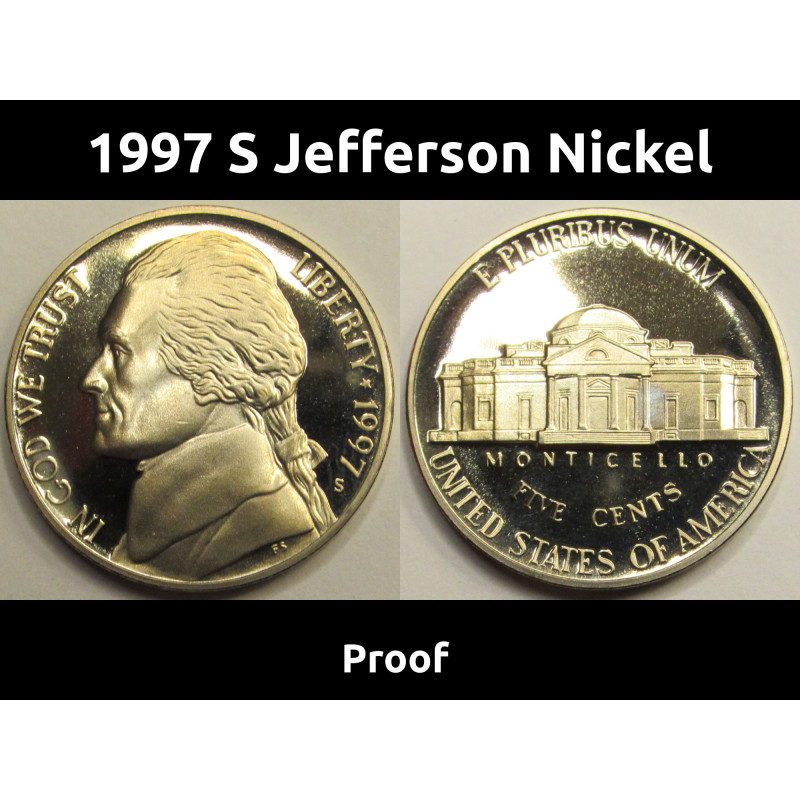 1997 S Jefferson Nickel - vintage San Francisco mintmark proof coin