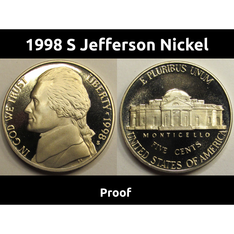1998 S Jefferson Nickel - vintage San Francisco mintmark proof coin