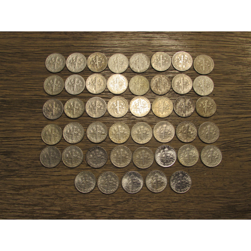 Lot of 45 Roosevelt Dimes - all different dates and mintmarks - vintage silver coins