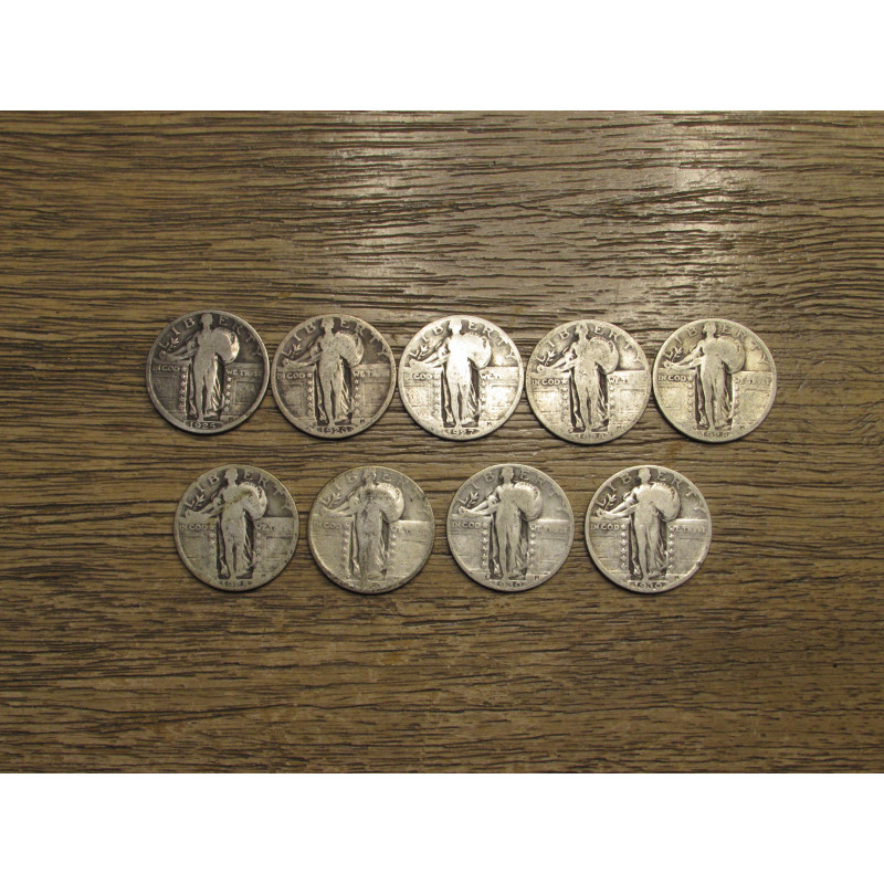 Lot of 9 Standing Liberty Quarters - all different dates and mintmarks - antique silver coins
