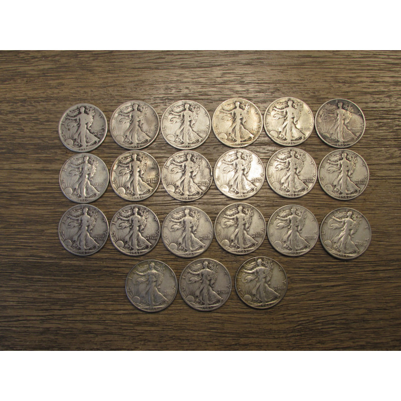 Lot of 21 Walking Liberty Half Dollars - all different dates and mintmarks - vintage 90 percent silver American coins