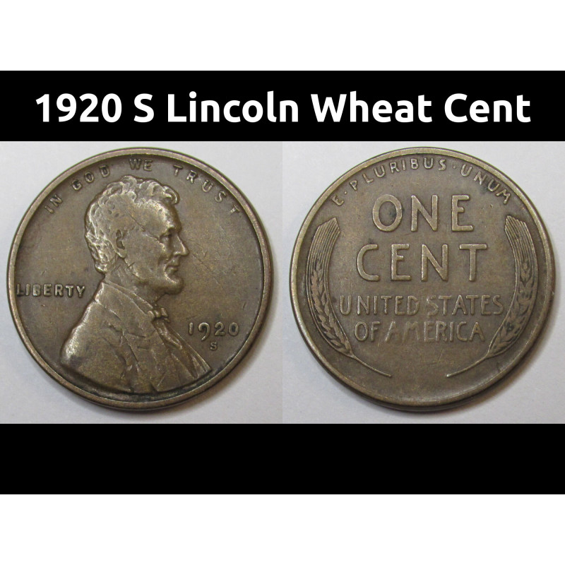 1920 S Lincoln Wheat Cent - antique San Francisco mintmark American penny