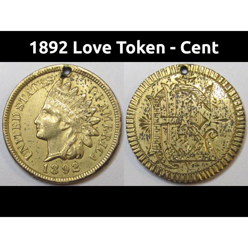 1892 Love Token - antique Indian Head Cent with engraved initials