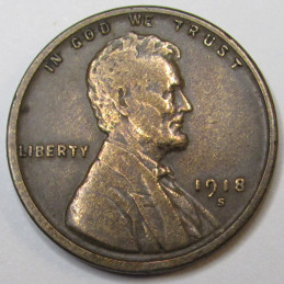 1918 S Lincoln Wheat Cent - higher grade San Francisco mintmark American wheat penny