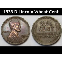 1933 D Lincoln Wheat Cent - old Great Depression era Denver mintmark wheat penny