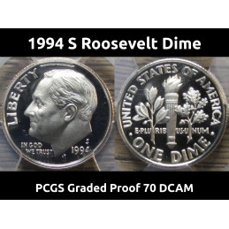 1994 S Roosevelt Dime - PCGS PR 70 DCAM - professionally graded deep cameo proof coin