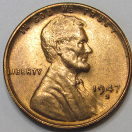 1947 S Lincoln Wheat Cent - uncirculated San Francisco mintmark vintage penny