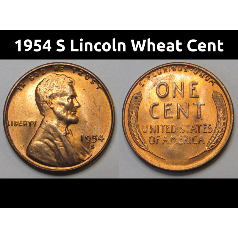 1954 S Lincoln Wheat Cent - flashy red vintage wheat penny from San Francisco