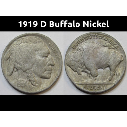 1919 D Buffalo Nickel - antique Denver mintmark American Indian five cent coin
