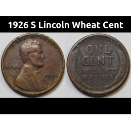 1926 S Lincoln Wheat Cent - better date San Francisco mintmark wheat penny
