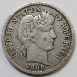 1908 Barber Dime - higher grade antique American silver dime