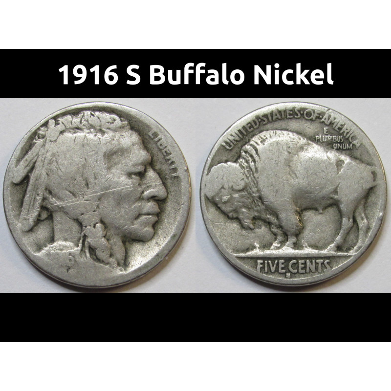 1916 S Buffalo Nickel - antique American San Francisco mintmark five cent coin