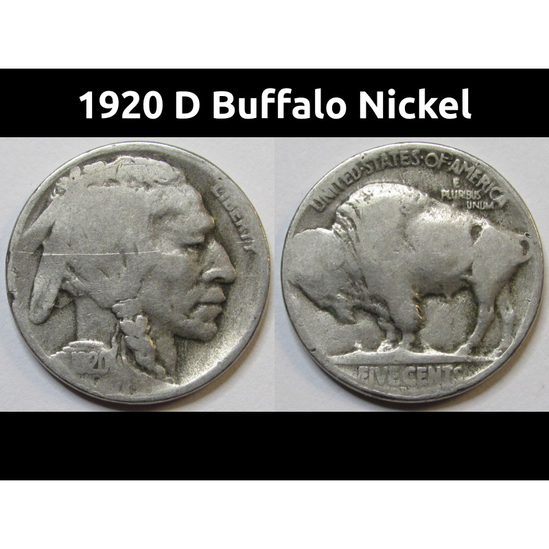 1920 D Buffalo Nickel - antique Denver mintmark American Indian design coin