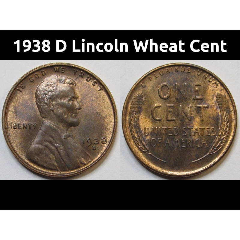 1938 D Lincoln Wheat Cent - uncirculated Denver mintmark antique penny