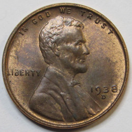 1938 D Lincoln Wheat Cent - uncirculated Denver mintmark antique penny