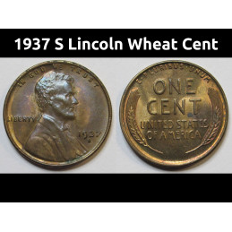1937 S Lincoln Wheat Cent - toned uncirculated Great Depression era wheat penny