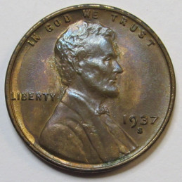 1937 S Lincoln Wheat Cent - toned uncirculated Great Depression era wheat penny