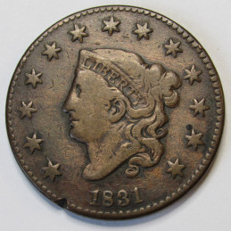 1831 Coronet Head Large Cent - antique American copper penny