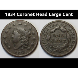 1834 Coronet Head Large Cent - antique American copper coin with doubled profile