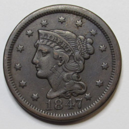 1847 Braided Hair Large Cent - antique American copper penny