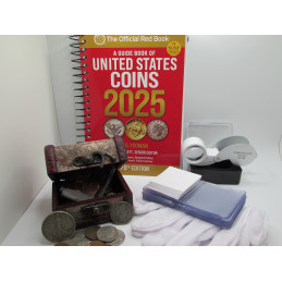 Mega Coin Collecting Kit - 50 coin grab bag with 1 oz silver / 2025 Red Book / magnifying loupe / gloves / flips - great gift