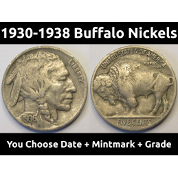 Buffalo Nickels - 1930 to 1938 PDS - choose date / mintmark / grade - 1930, 1931, 1934, 1935, 1936, 1937, 1938