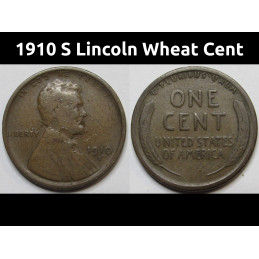 1910 S Lincoln Wheat Cent - antique semi-key date American penny coin